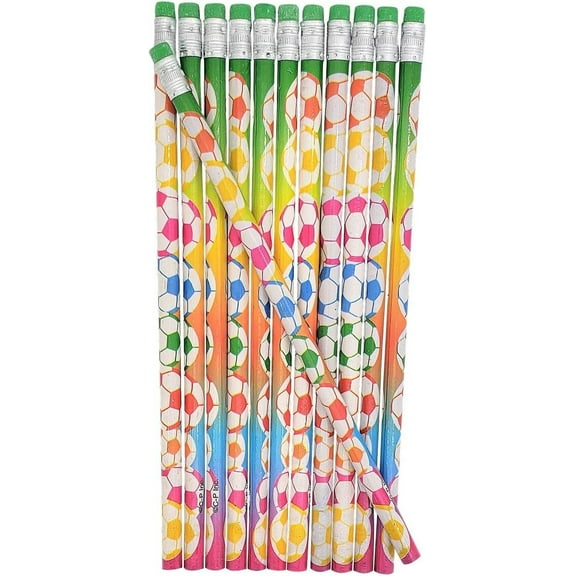 24 Pack- Fun Soccer Ball Print Colorful Pencils with Eraser Top (7.5" Standard size) Euro Football Design. #2 Lead