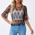 thumbnail image 2 of Trendfront Womens Floral Lace Blouses Crewneck 3/4 Sleeve Sheer Mesh Elegant Scalloped Hem Dressy Casual Party Holiday Going Out Tunic Tops, 2 of 4