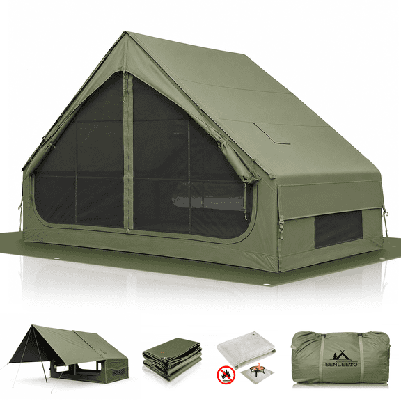 Inflatable Camping Tents 1-4 Person,  Inflatable Tent with Stove Jack, 4 Season Blow up Tent with Waterproof Canopy, Anti-Moisture Matress for Camping Outdoors