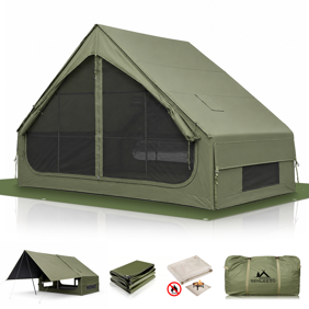 Inflatable Camping Tents 1-4 Person,  Inflatable Tent with Stove Jack, 4 Season Blow up Tent with Waterproof Canopy, Anti-Moisture Matress for Camping Outdoors