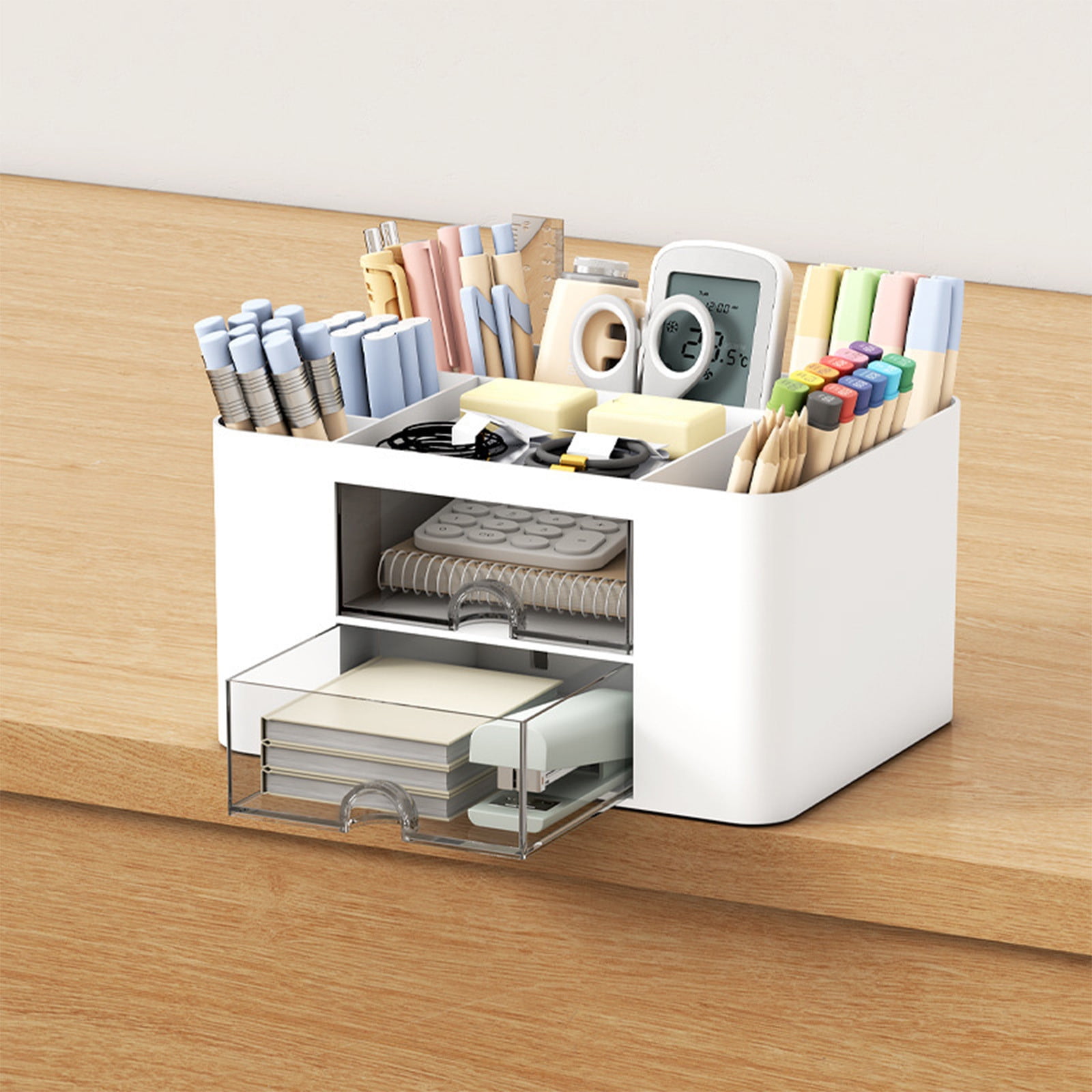 Organisateur De Bureau Avec Tiroirs – 2 Tiroirs + 6 Compartiments – Plastique ABS Blanc – 22x14,5x12 Cm – Pour Fournitures, Maquillage, Petits Objets
