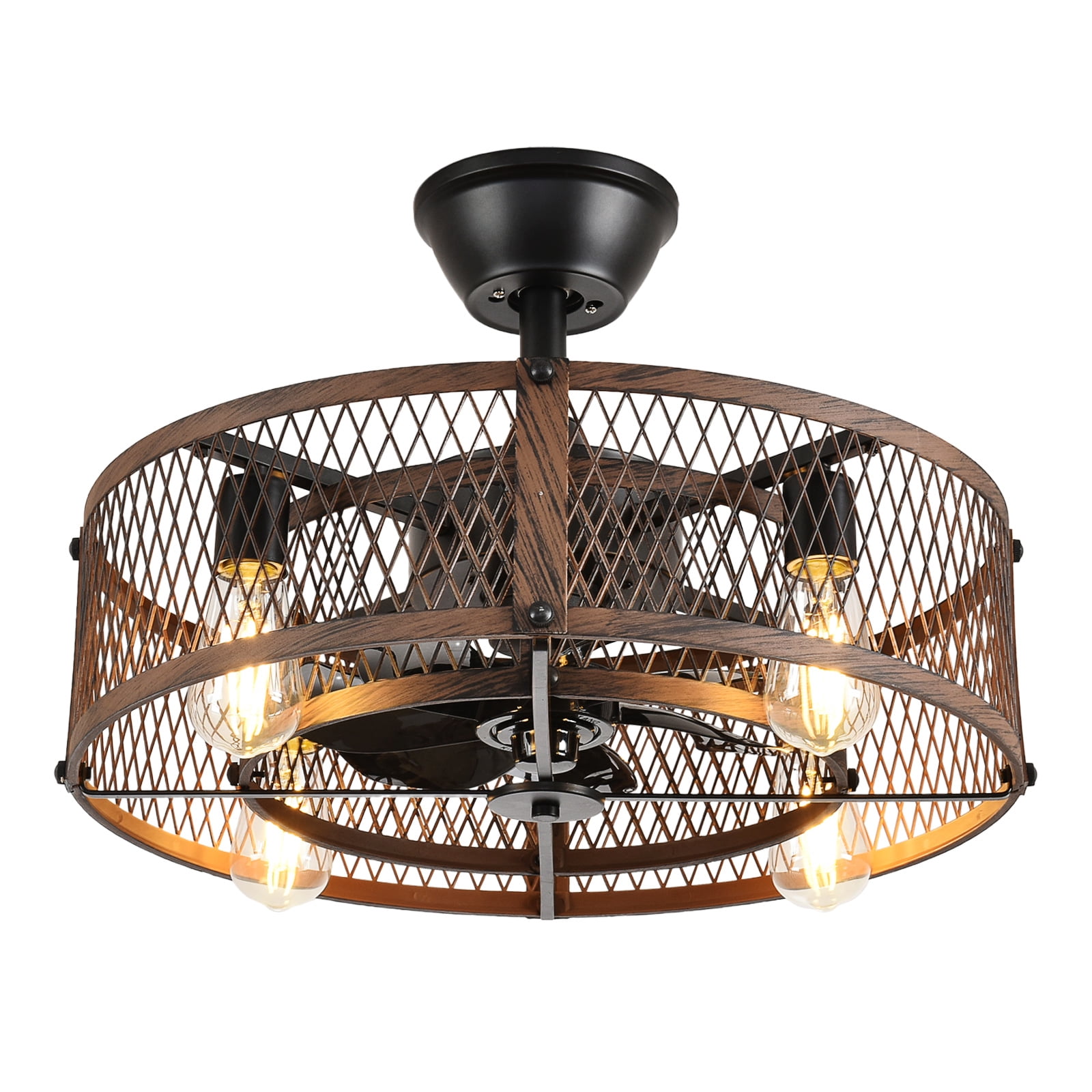 20-Inch Walnut Outdoor Ceiling Fan with Light: Ceiling Fan with Smart Remote Control, Farmhouse Cage Design, 6-Speed Reversible - Flush Mount for Patio, Kitchen, Bedroom
