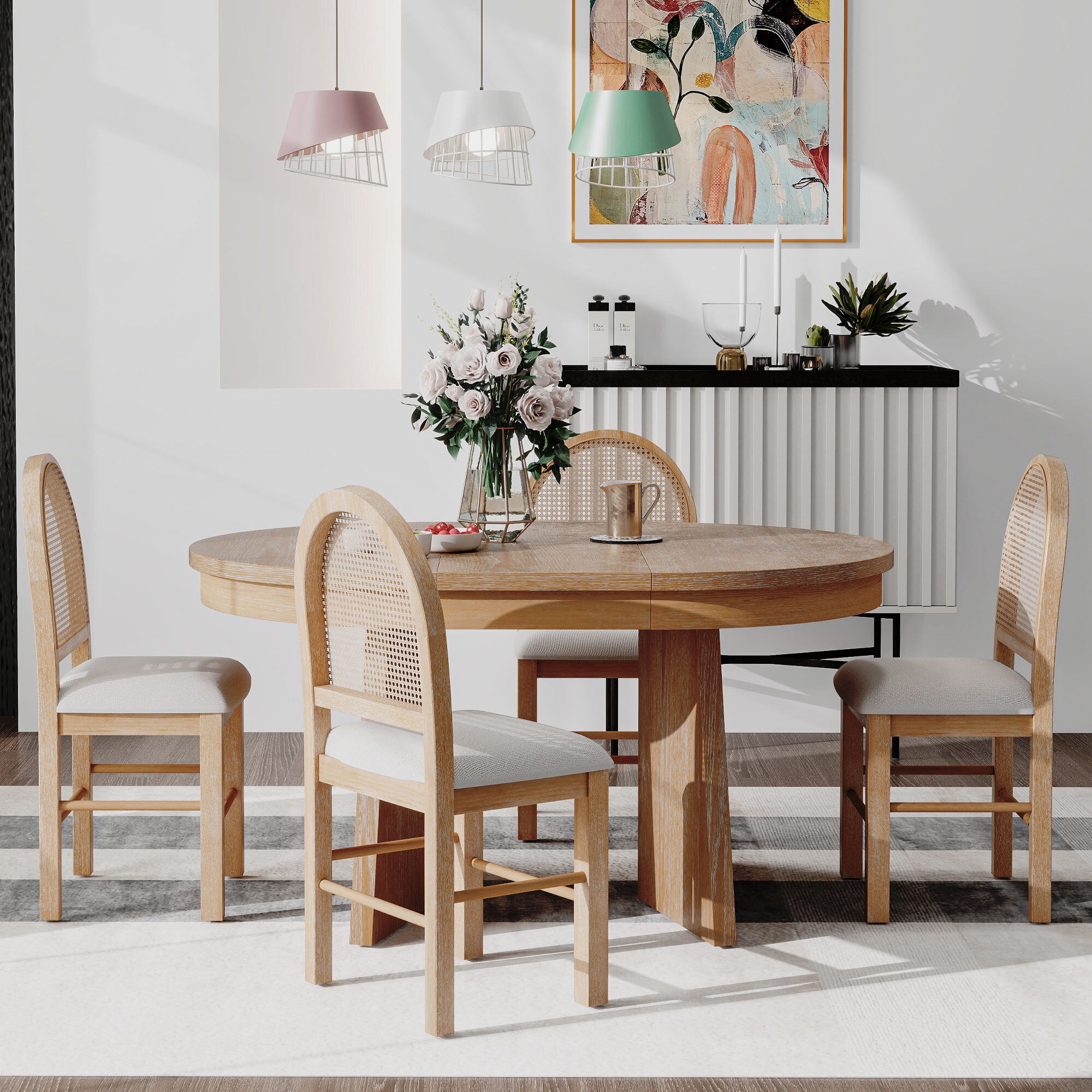 Euroco 5-Piece Round Dining Table Set for 4,Retro Extendable Kitchen Table with 4 Upholstered Chairs,Wood Kitchen Table and Chairs Set for Saving Space,Natural