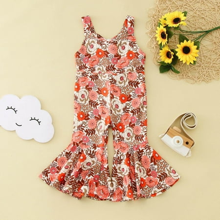 

Toddler Girls Sleeveless Floral Prints Romper Bell Bottoms Flare Jumpsuit Pink 110