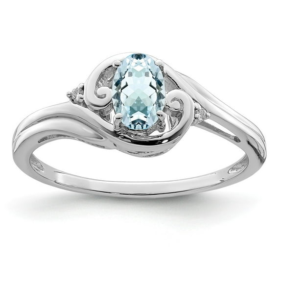 White Sterling Silver Ring Band Gemstone Diamond Aquamarine Blue