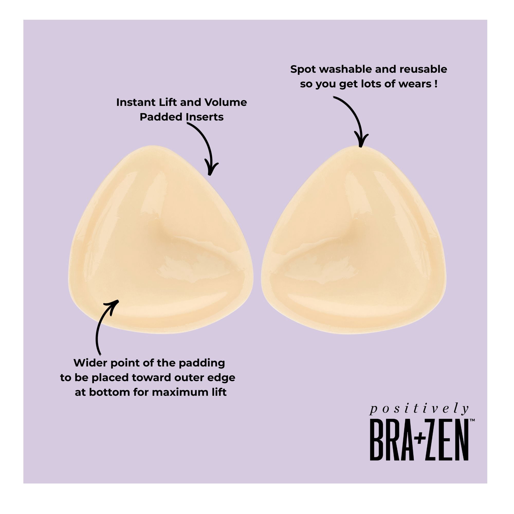 Positively BRA+ZEN Women's Padded Inserts with Double-Sided Adhesive, Cup Sizes A-D