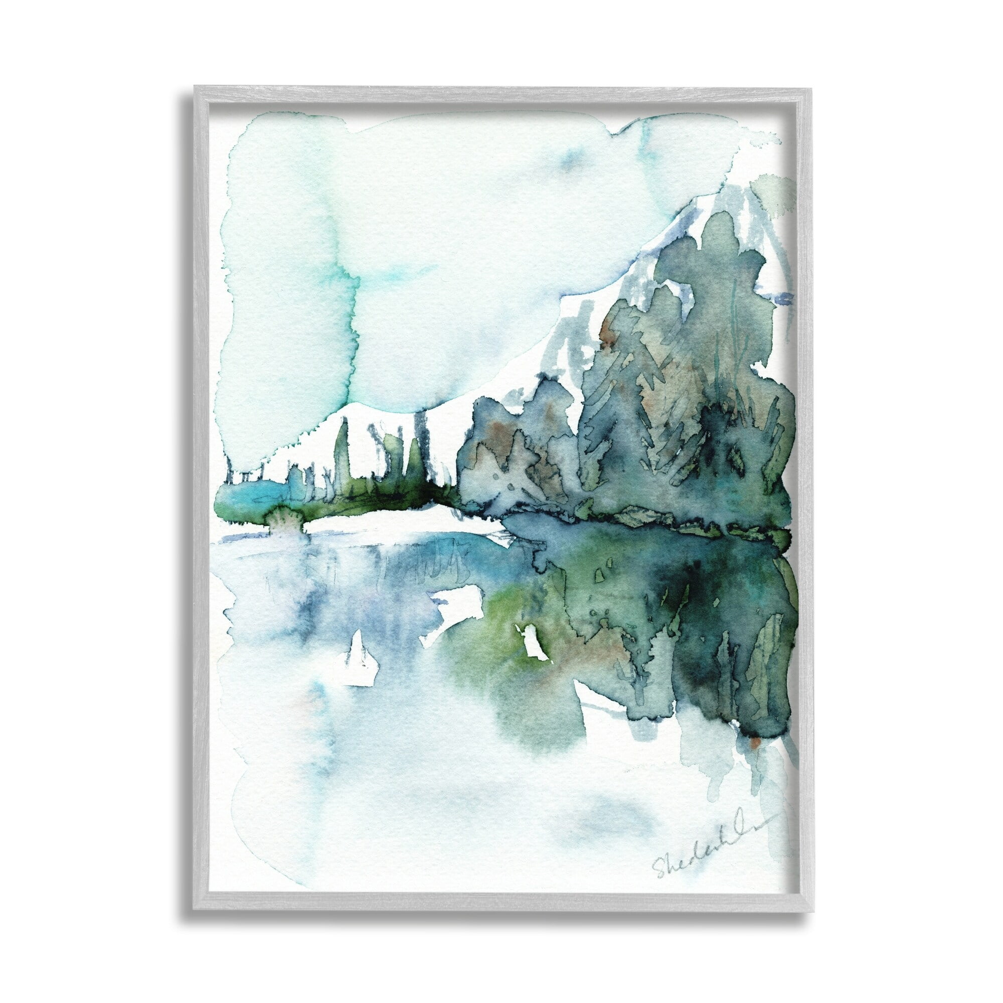 Stupell Industries Trees Lake Reflection Modern Landscape Watercolor Effect Painting Gray Framed Art Print Wall Art, Design by Kendra Shedenhelm