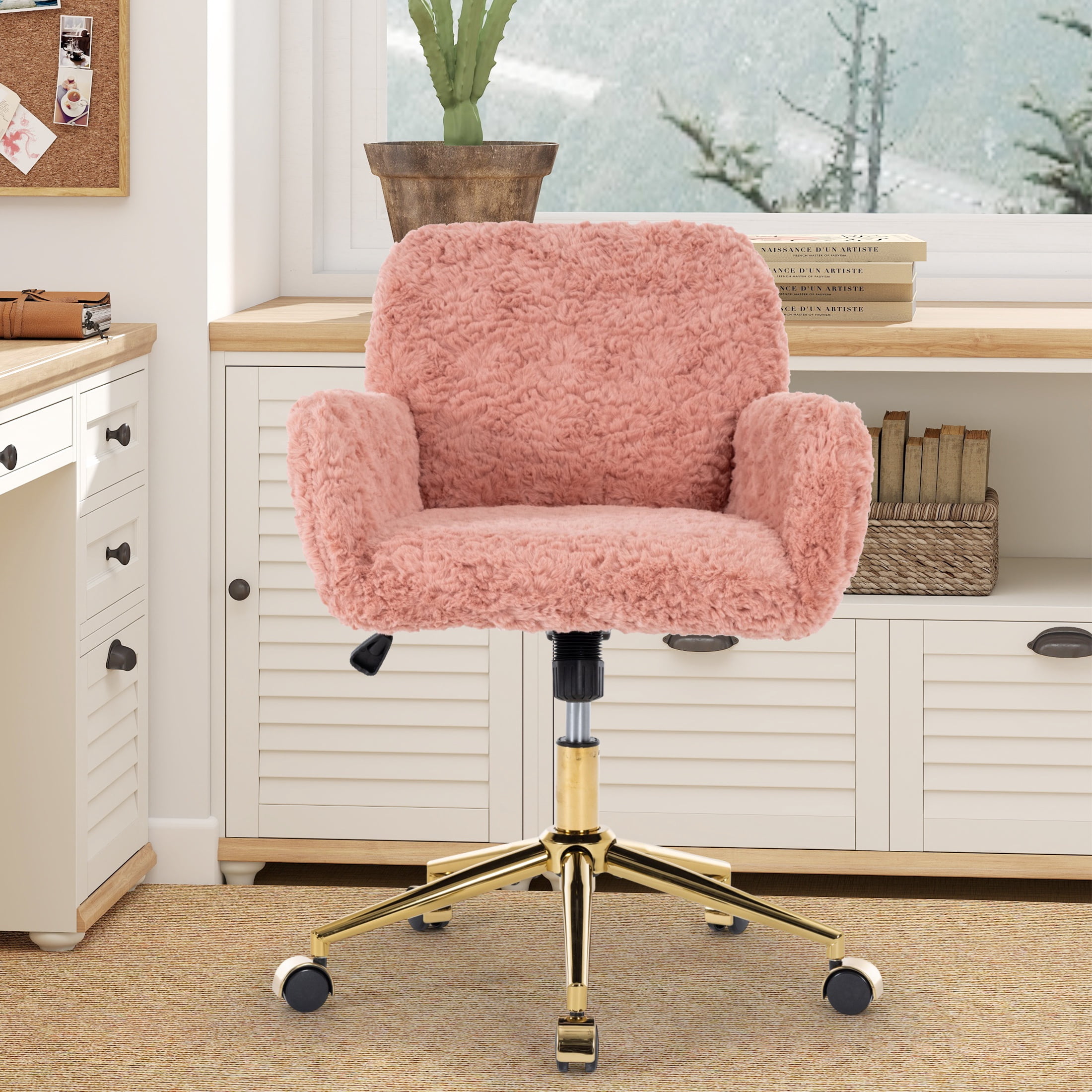 ENYOPRO Office Chair with Chrome Legs, Ergonomic Teddy Desk Chair Vanity Chair with Wheels, Modern Computer Chair for Home Office,Pink