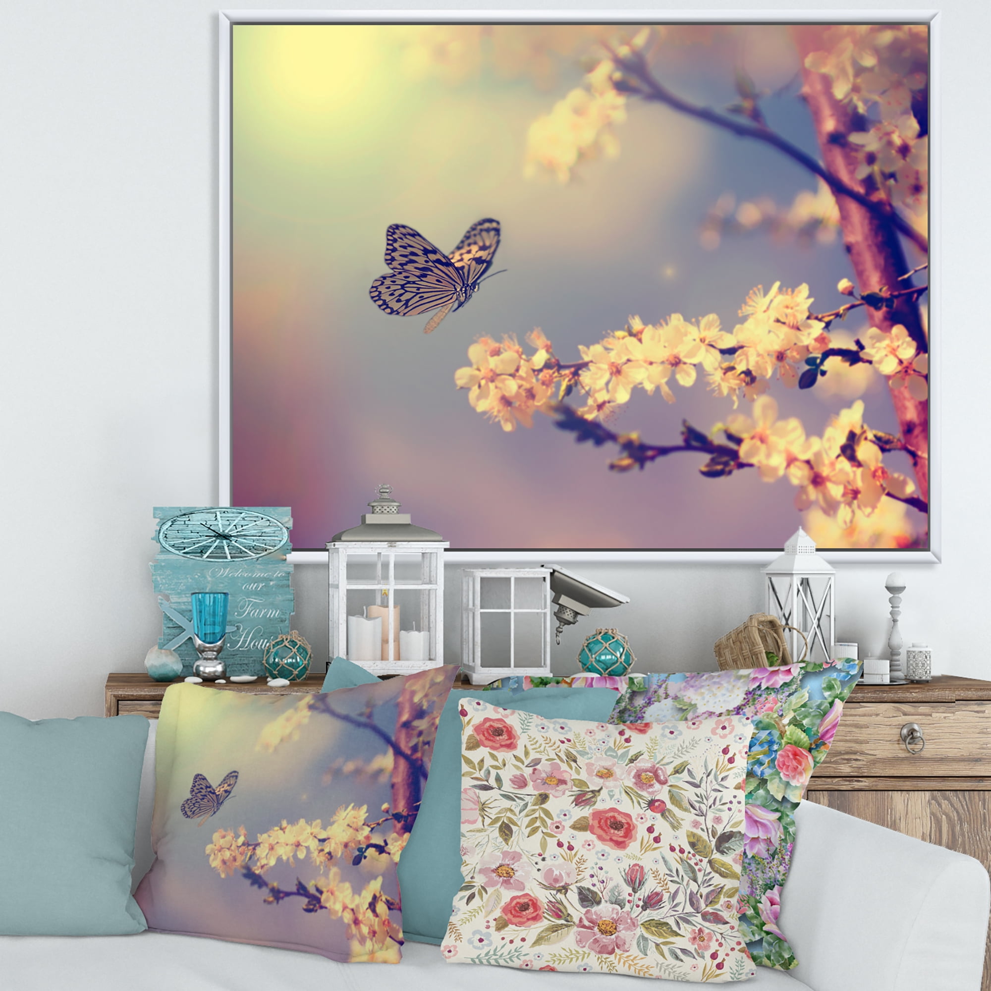 Designart 'Ancient Butterfly Flying To A White Flower' Traditional Framed Canvas Wall Art Print