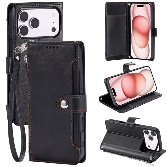 Corliven for iPhone 17 Pro Max Case with PU Leather Wallet, Credit Card and Cash Slots, Shoulder and Wrist Straps, Shock-Absorbent, Black