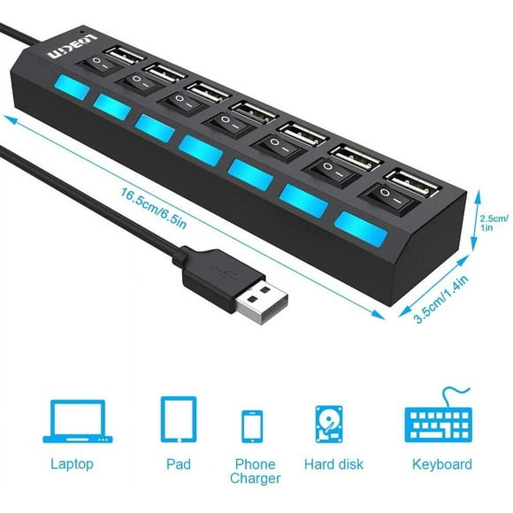 7-Ports USB 2.0 Hub High Speed ON/Off Individual Switch with LEDs Power Switches USB Hub