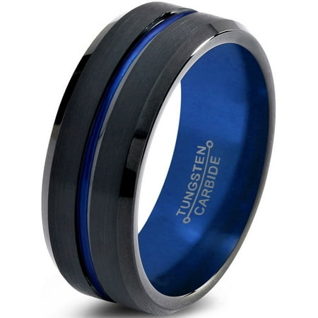 - Tungsten Wedding Band Ring 6mm for Men Women Black Blue Center Line Beveled Edge Brushed Lifetime Guarantee