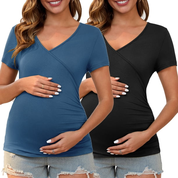 INSPIRAR CHIC Blusa de Maternidad para Mujeres con Fruncido, Cuello en V Cruzado, Estilo Faux Wrap, Manga Corta, T-Shirt Pequeña Negra y Azul