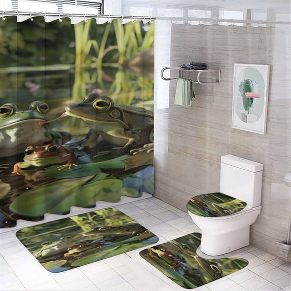 Frogs Playing in The Pond 4 Pcs Shower Curtain Set with Rug Bathroom Sets with Waterproof Fabric And Non-Slip Rugs Toilet Lid Cover Bath Mat Decor with Hooks