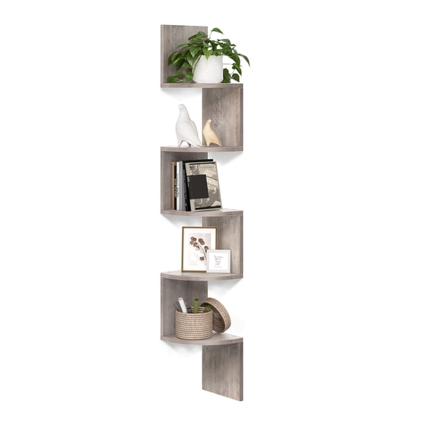 VASAGLE Estantería esquinera, Estante Flotante de Pared de 5 Niveles con diseño de Zigzag, estantería, Greige