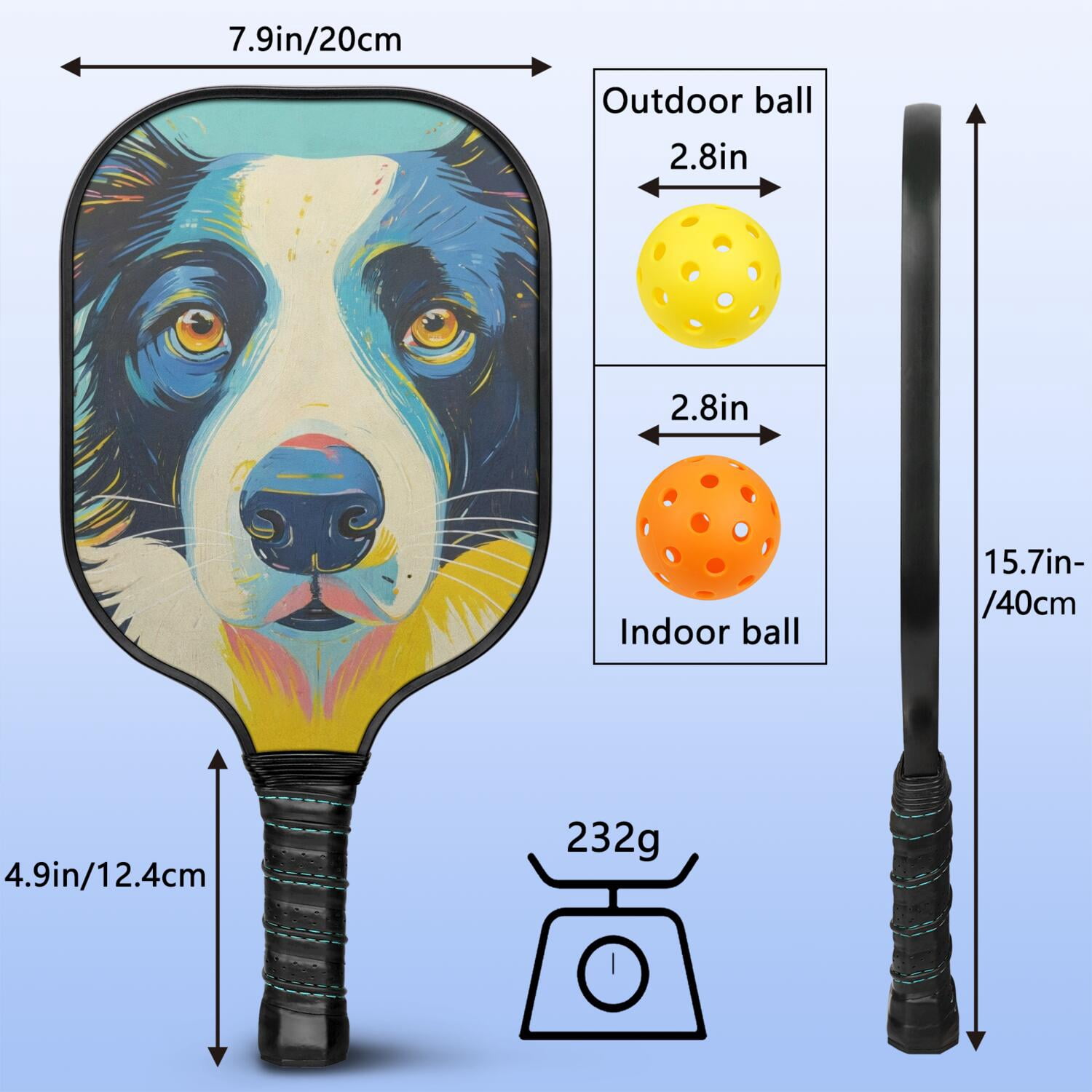 Pickleball Paddles Set Of 2, Fiberglass Surface, Astonished Dog Print, 4 Balls & Bag