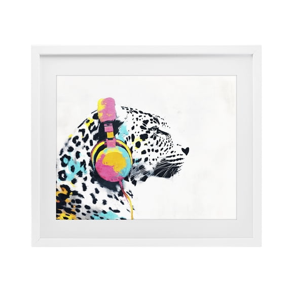 Stupell Industries Leopard On Air Headphones White Framed Print Under Glass, design by Svetlana Aleynikova