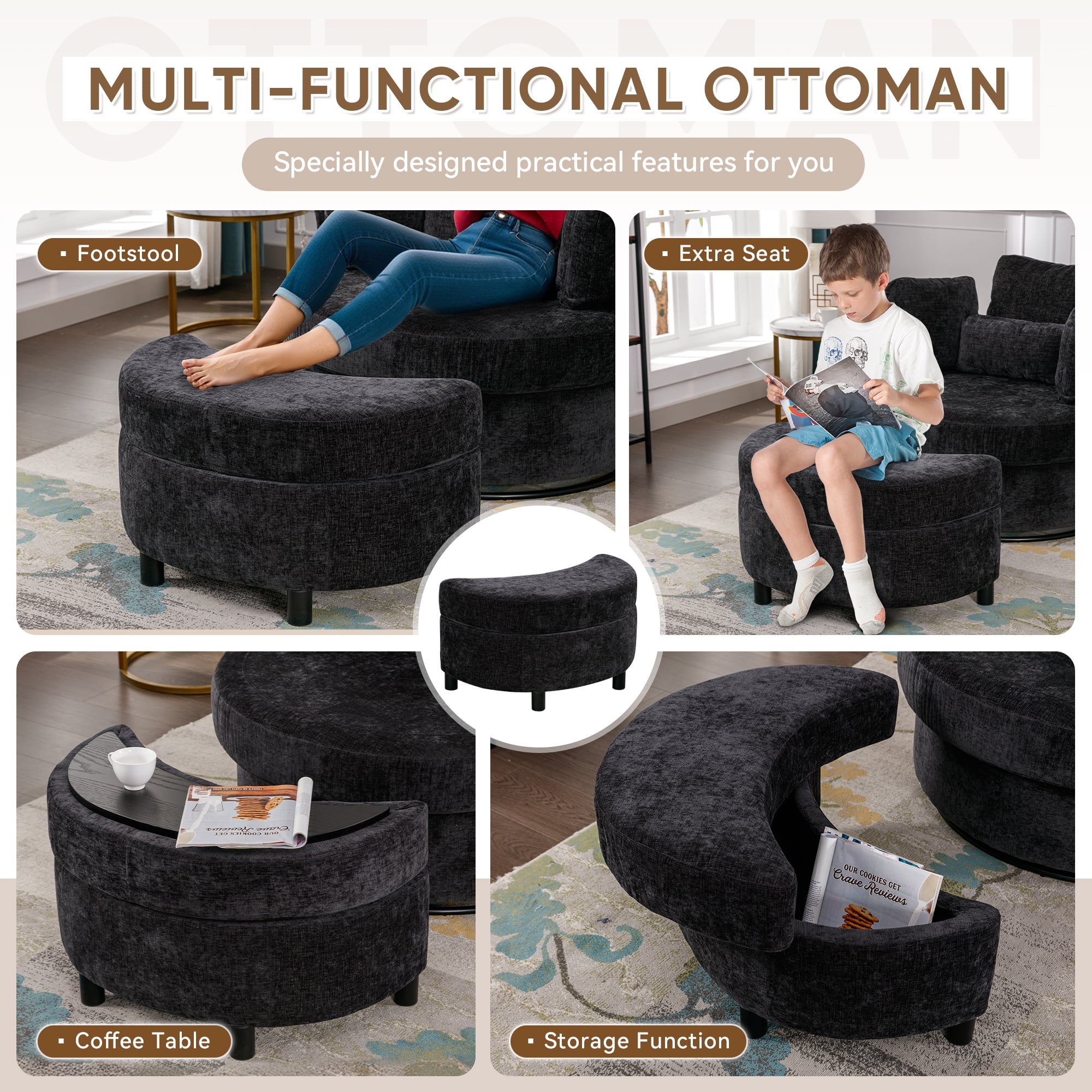 Dinosisco Oversized Swivel Accent Barrel Chair with Storage Ottoman, Chenille, Indoor, Black