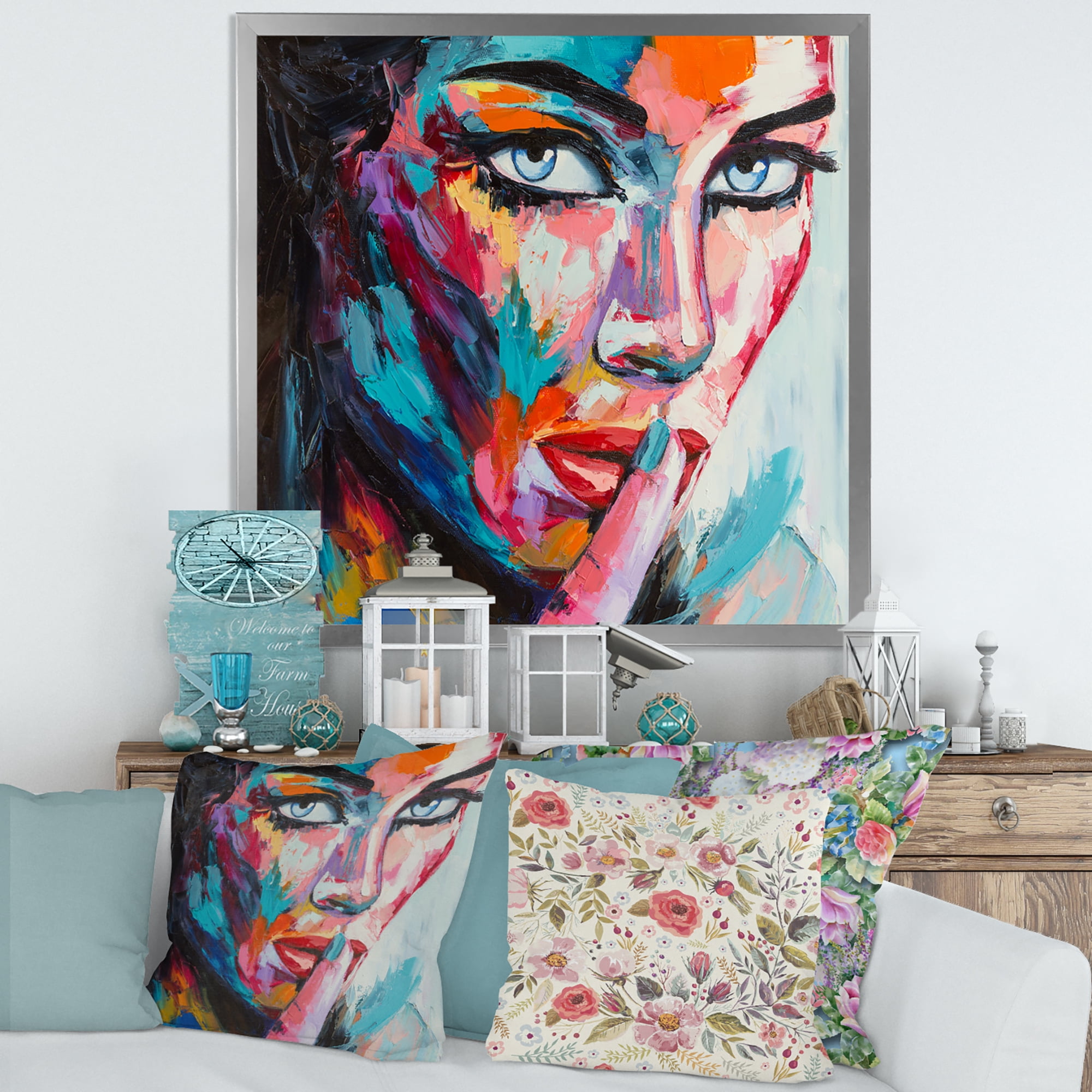 Designart 'Abstract Portrait Of A Young Woman With Blue Eyes II' Modern Framed Art Print