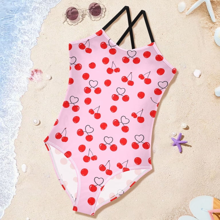 Treat ürself cherry one-piece swimwear Girls Heart Shape Cherry Print One Piece Swimsuit, Cross Back