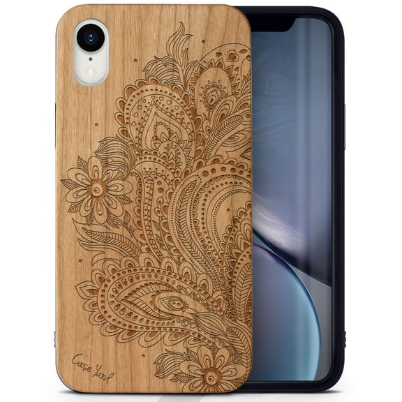Case Yard Wooden Case Outside Soft TPU Silicone, Slim Fit Shockproof Wood Protective Phone Cover for Girls Boys Men and Women, Supports Wireless Charging Flower Paisley Design case for iPhone-XR