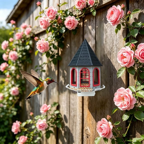 Bird Feeder,Gazebo-Shaped Hanging Wild Bird Feeders,Large Tray Weather Resistant Feeding Station for Outdoor Garden,Courtyard Wild Bird Feeding,Red