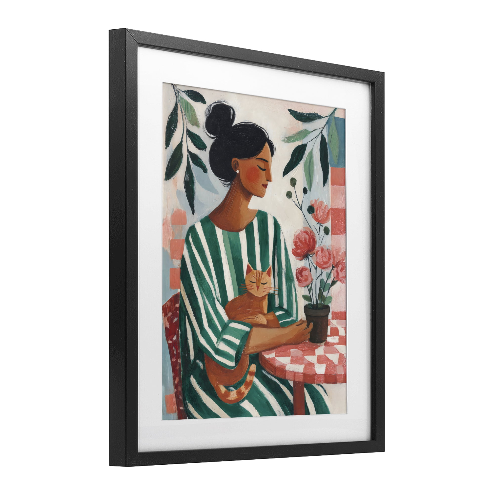 Stupell Industries Cat Lady in Striped Dress Black Framed Print Under Glass, design by Sisi and Seb