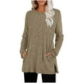 thumbnail image 3 of qolati Long Sleeve Shirts for Women Ribbed Knit Crewneck Tunic Tops Loose Fit Dressy Casual Side Slit Fall Sweaters with Pockets Khaki XXL, 3 of 6