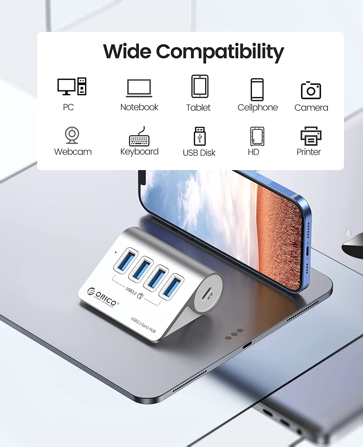 ORICO 5Gbps Aluminum USB Hub with 4 USB A Ports,USB 3.0 Hub with 1.64Ft USB-C USB-B Cable USB Multiport Adapter USB Extender USB Splitter for Laptop,Camera,Keyborad, Flash Drive