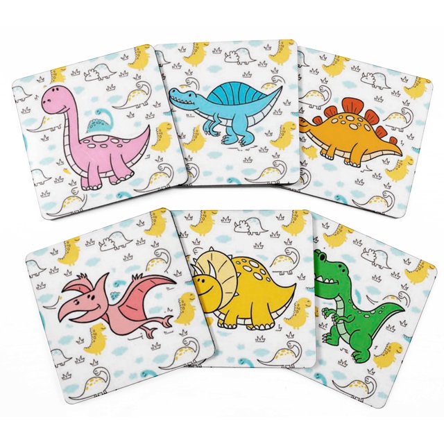 Inkdotpot Set of 6 Drink Coasters DecorativeNon,SlipCork Base4-inch Square PrintedCoastersEasy Clean- Dinosaur Animal