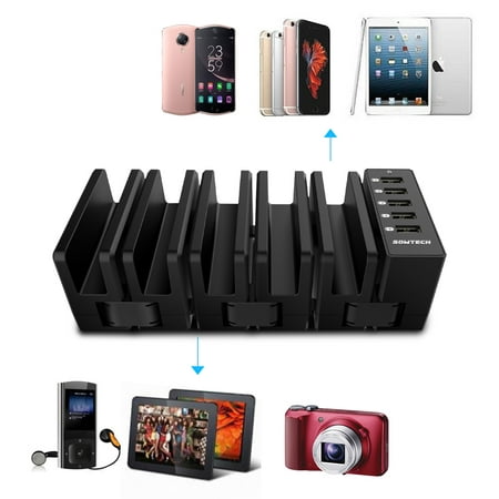 USB Charging Station 5 IN 1 SOWTECH 5 Ports Charging Stand Docking 5V 7A MAX Collapsible Deformable Device Electrical Cord Management Organizer for iPhone iPad Cellphone Tablets Plastic ROHS UL (Best Docking Station For Ipad 2)