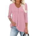 thumbnail image 5 of 3/4 Sleeve V Neck Tops for Women with Buttons Solid Color Tshirts Loose Fall Spring Casual Base Tees (M, Pink), 5 of 7