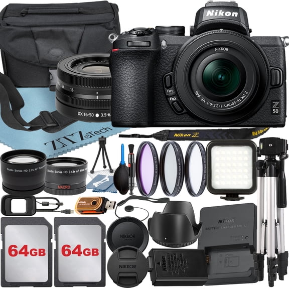 Nikon Z50 Mirrorless Camera with NIKKOR Z DX 16-50mm VR Zoom Lens   64GB Card   Case   Wideangle   Tripod   ZeeTech Accessory Bundle (International Version)