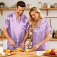 thumbnail image 7 of （Mens） Lightweight Summer Couple Satin Silk Button Down Short Sleeve Top Casual Shorts Matching His Hers Outfit Light Purple XL, 7 of 7