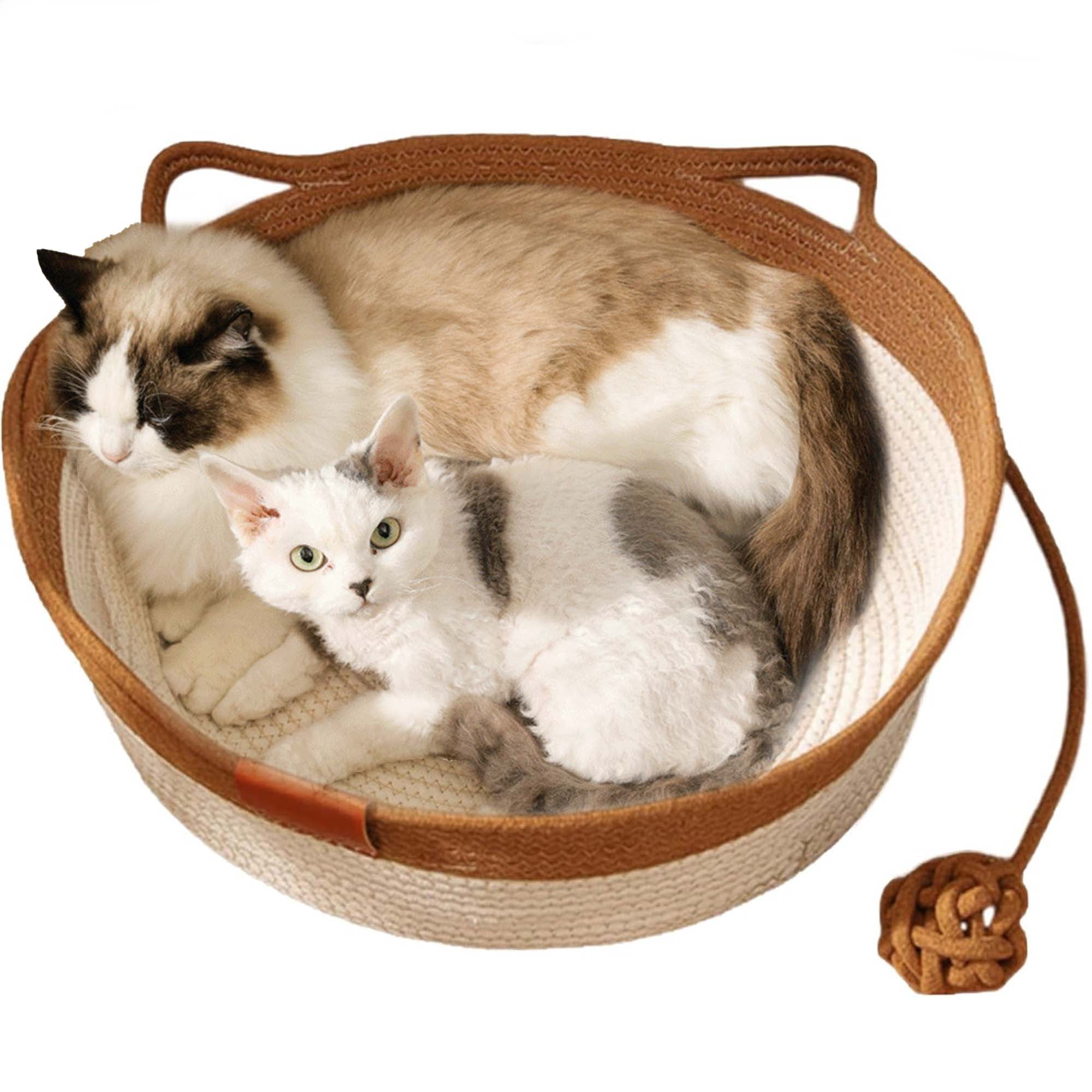 Cutypet Cat Basket,Handwoven Cotton Rope Woven Cat Bed Basket, Toy Tail For Small & Large Cat & Dogdouble Sided Mat For All Seasons