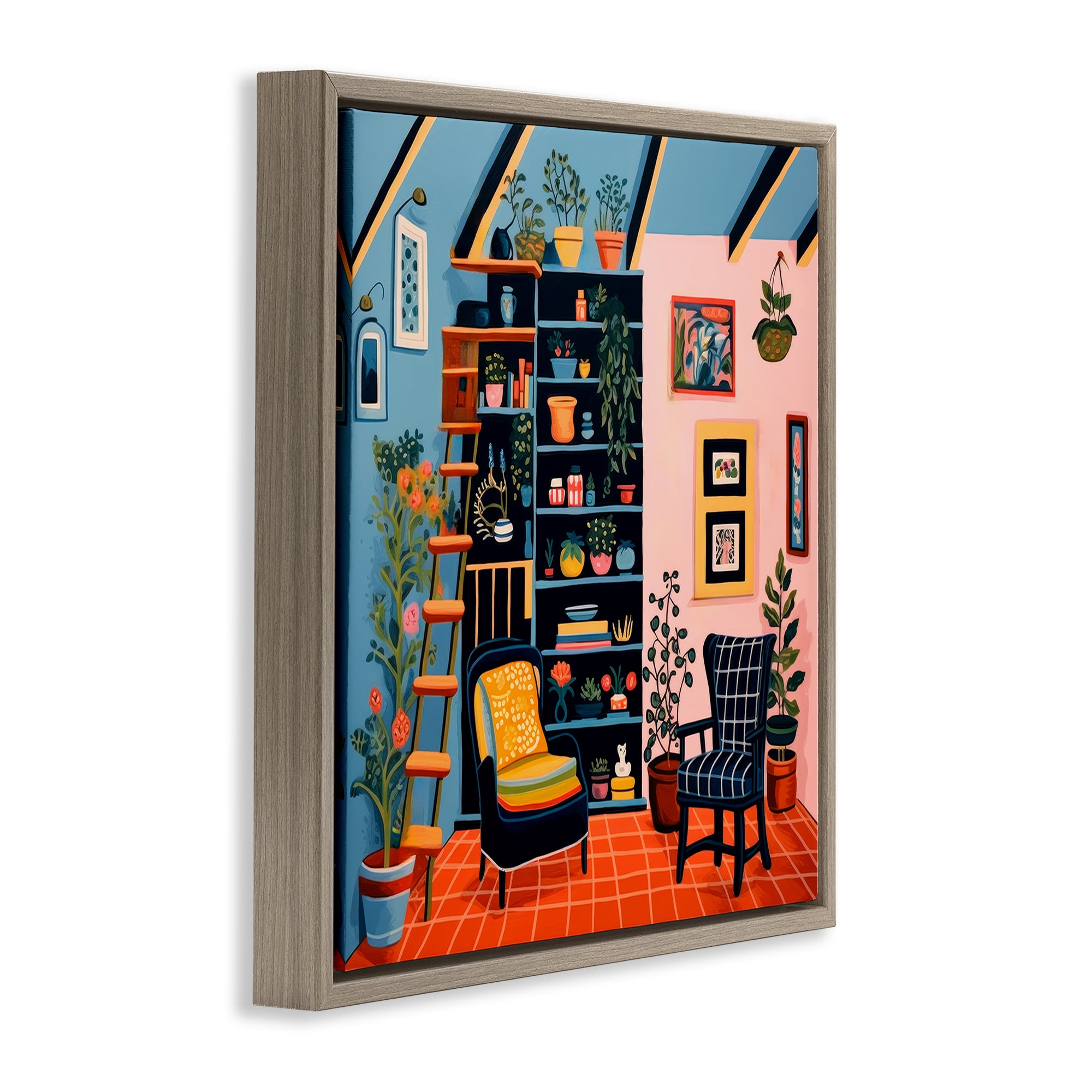 Stupell Industries Bookshelf Scene & Plants Furniture Painting Brown Floater Framed Canvas Art Print Wall Art, 18 x 18
