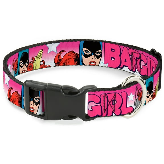 DC Comics Pet Collar, Dog Collar Plastic Buckle, Batgirl Bubble Letters Stars Pink White, 20 to 31 Inches 1.5 Inch Wide