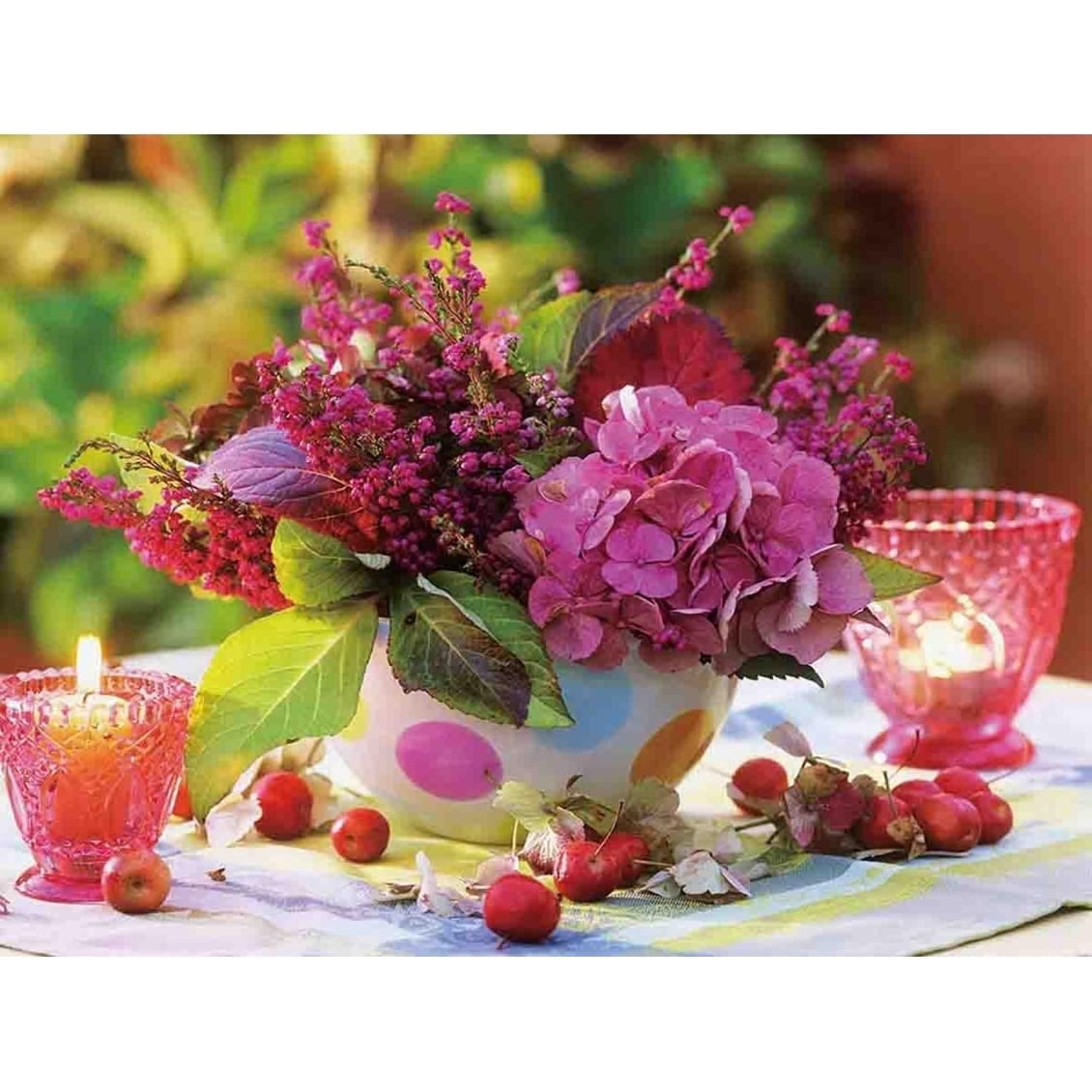 LED Lighted Candles and Pink Floral Arrangement with Berries Canvas Wall Art 11.75" x 15.75"