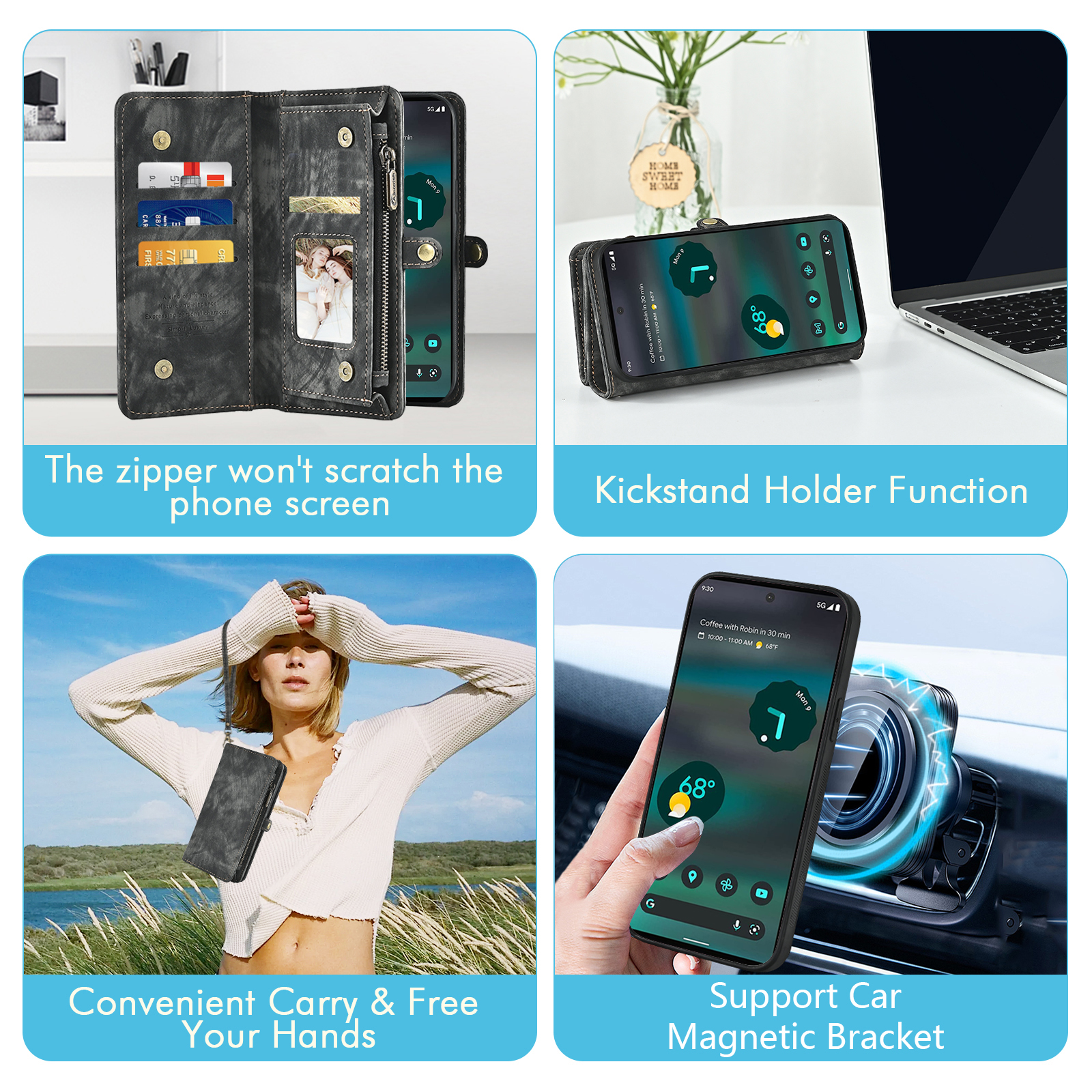 Asuwish Compatible with Google Pixel 6A 5G 2022 Phone Case Zipper Wallet Detachable Tempered Glass Screen Protector Crossbody Lanyard Strap Flip Card Holder Slot Cell Cover for Pixel6A A6 Women Black