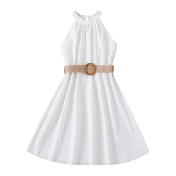 Youmylove Kid Floral Cotton Girls Dresses Children Dress Solid Color Halter Neck Waist Slim Dress Princess Dress Fashion Outwear Stylish Kids Summer Sundress