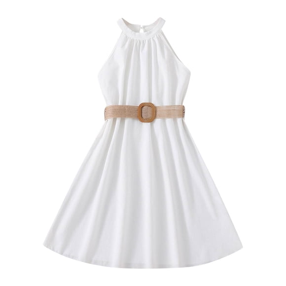 GDREDA Robe en Jean pour Petite Fille Robe pour Enfants Couleur Unie Col Suspendu Robe de Collection à la Taille Robe de Mode Blanche, 7-8 Ans