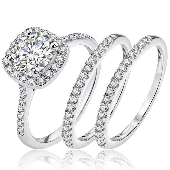 Newshe Jewellery 2Ct Halo Wedding Ring Set For Woman Engagement Rings Round AAAAA Cz 3pcs Size 7