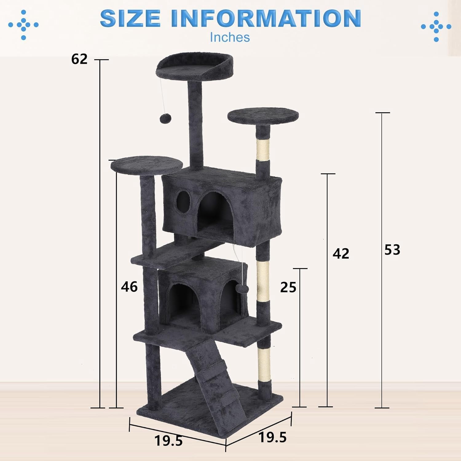 FDW 60 inch Dark Gray Cat Tree Tower, Cat Condo with Scratching Posts & Toys for Active Cats