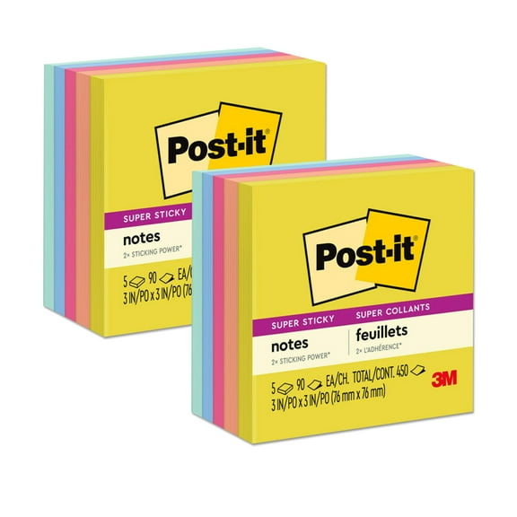 Post-it Super Sticky Notes, 3x3 in, Summer Joy Collection, Assorted Colors, 90 Sheets/Pad, 5 Pads/Pack, 2 Packs
