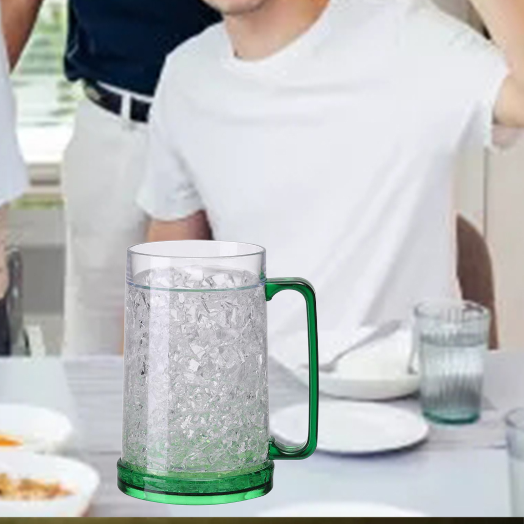 2 Double Wall Freezer Frosty Mugs 14oz Cold Beer Stein Chilled Frozen Drink Cup