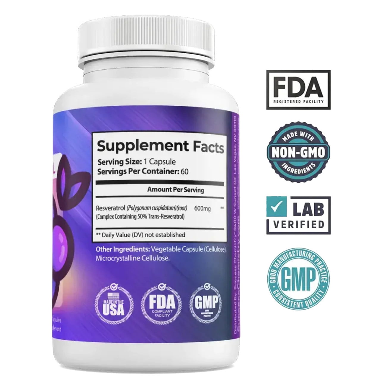Success Chemistry Resveratrol Supplement Anti-Aging Benefits 60 for General Health & Wellness with Targeted Herbal Formula - 60 Capsules