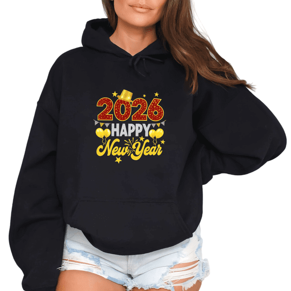 Women's Black Oversized Hoodie 2026 Happy New Year Red & Gold Celebration Graphic Print Casual Pullover Hooded Sweatshirt S-2XL
