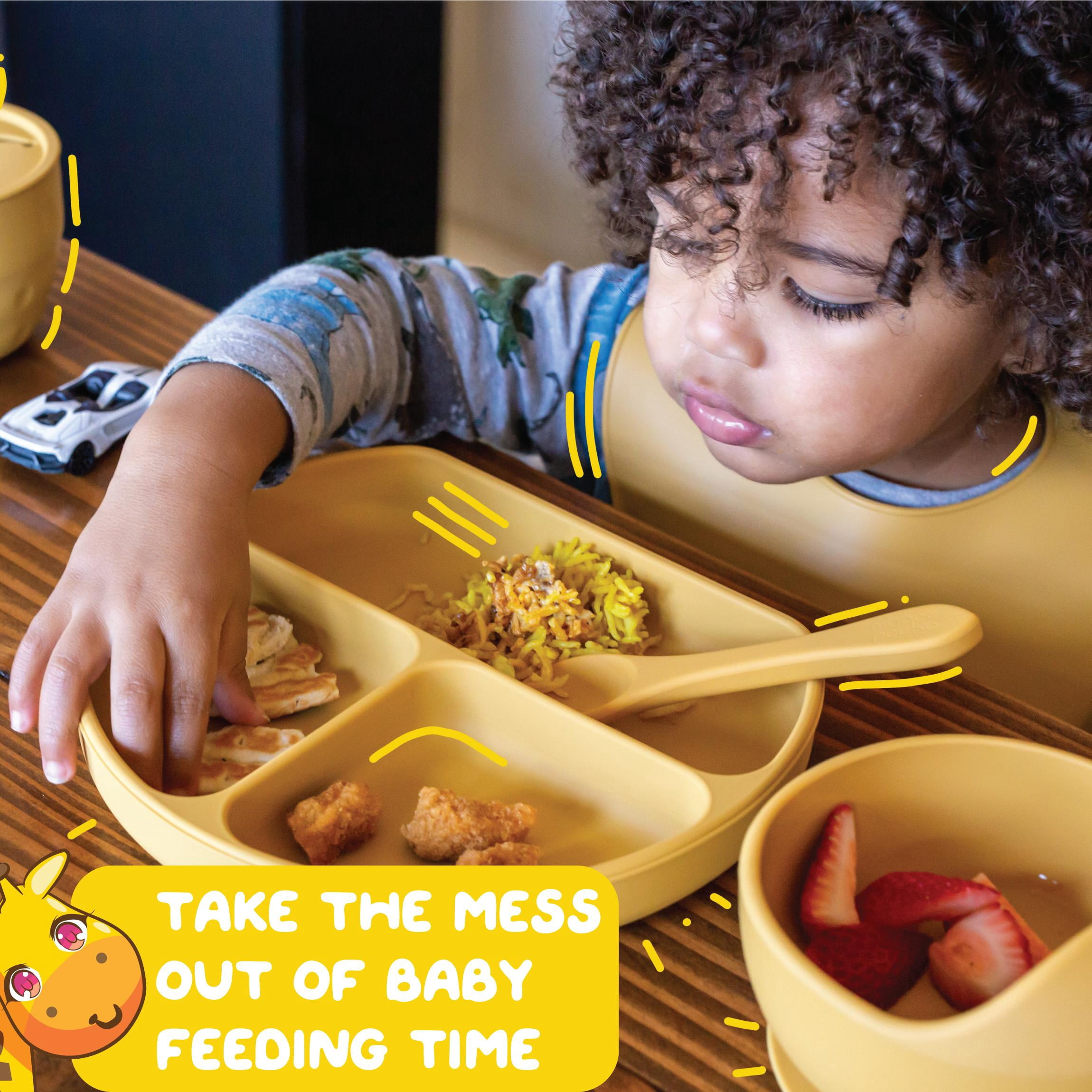 Muqee Peeko Mustard Yellow Silicone Baby and Toddler Feeding Set - Plate Set with Utensils (6 Piece Set)