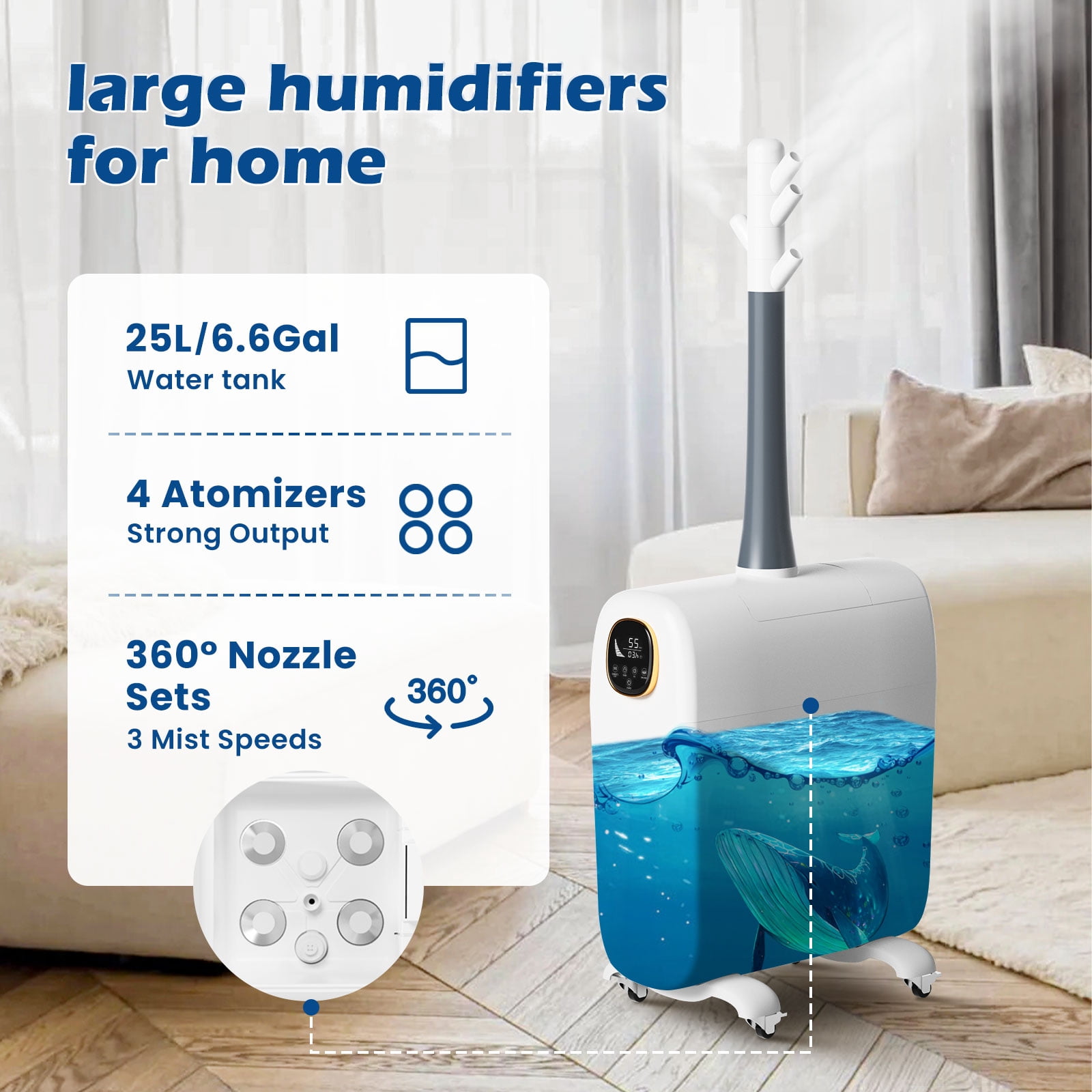 Humidifier Large Room, 4.2Gal/16L for Home 2000 sq ft, Top Fill Cool Mist for Bedroom, Grey