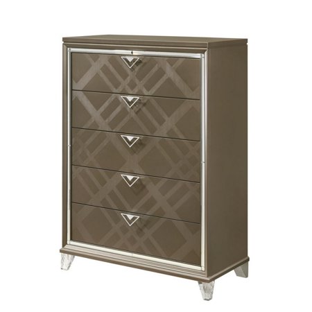 5 Drawer Wooden Chest with Acrylic Legs and Mirror Trim  Taupe Brown